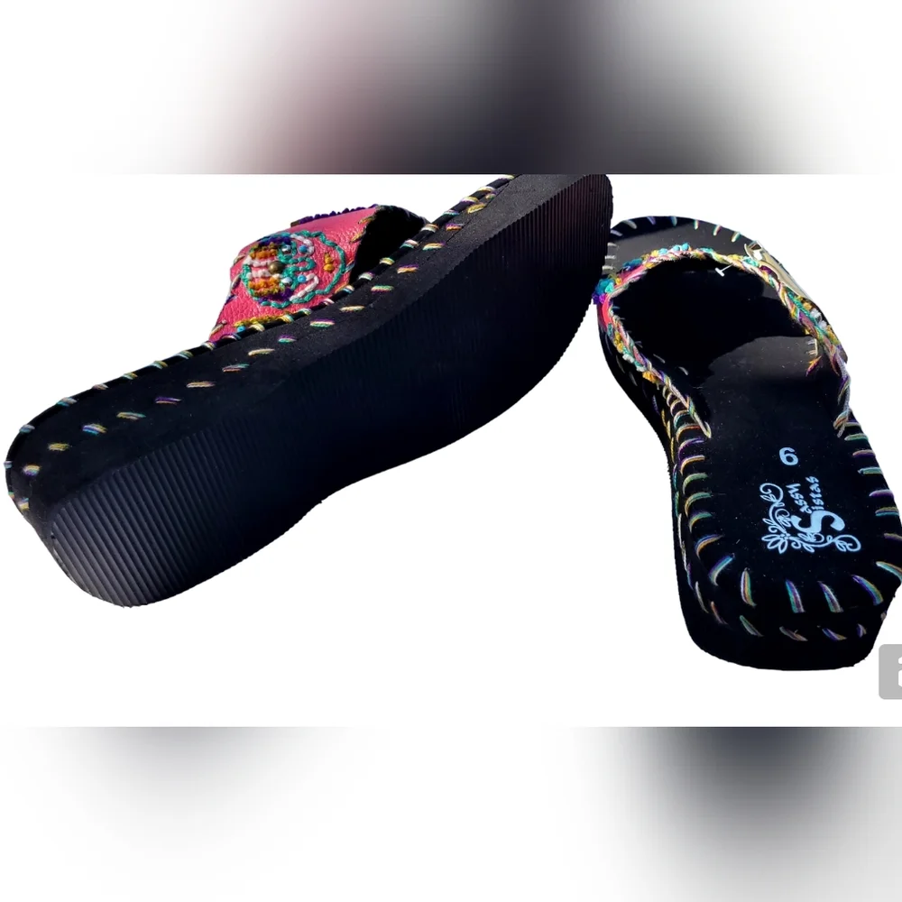 Sassy Sista's Leather Flip Flops, Pink, Style FF-101, 2" heel. - Picture 4 of 6